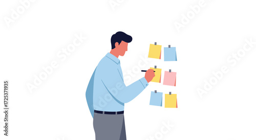 Professional man brainstorming ideas and writing on colorful sticky notes for strategic project planning and creative collaboration in office setting