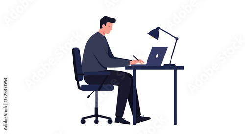 Focused professional working on laptop at desk with lamp, perfect for business presentations, marketing materials and corporate communications needs, modern design
