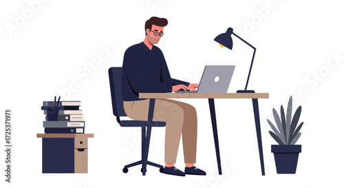 Man focused on laptop in home office, working remotely at desk with lamp and books, creating professional projects with modern technology and design