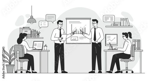Dynamic business team presenting financial data, collaborative office setting, modern workspace, professional communication, data analysis, corporate strategy