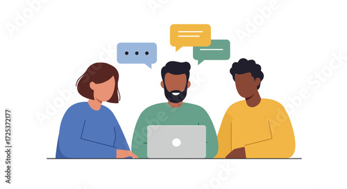 Diverse team collaborating on laptop with speech bubbles, modern communication concept, business meeting, professional teamwork, brainstorming ideas online