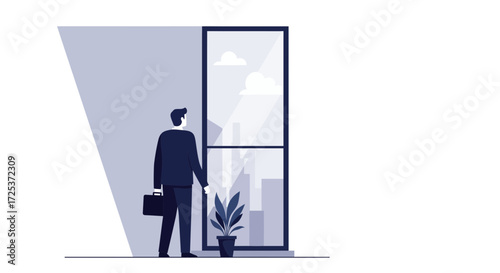 Thoughtful businessman gazes out city window, envisioning success, planning future strategy, reflects on opportunities, considers next business venture