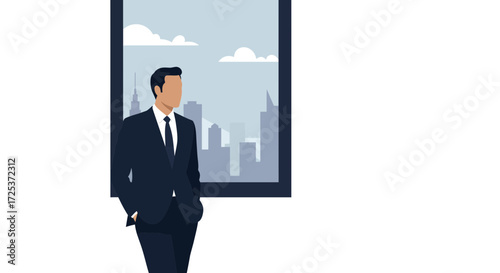 Successful businessman looking out at the city skyline, contemplating growth and future opportunities in a modern, professional setting