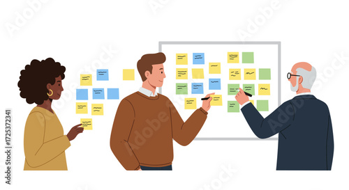 Dynamic team brainstorming innovative ideas using sticky notes for agile project management and creative collaboration in a modern workspace setting