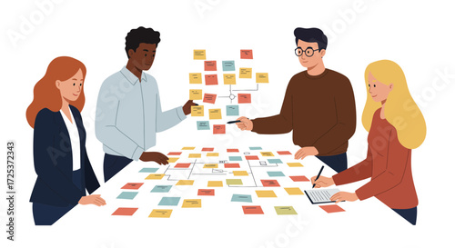 Diverse creative team brainstorms ideas using sticky notes for project planning, fostering collaboration and innovation in a modern, dynamic workspace