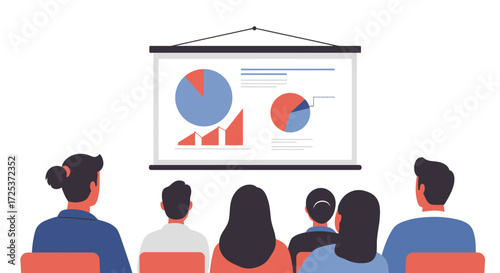 Team watches financial data presentation with pie charts and growth metrics, perfect for corporate training, shareholder meetings, and business strategy reviews