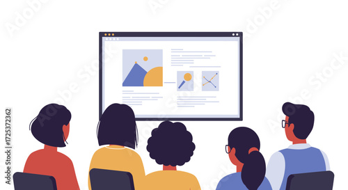Engaged team attends data presentation, strategic planning session, watching business analytics on screen, insights shared for collaborative growth, modern meeting