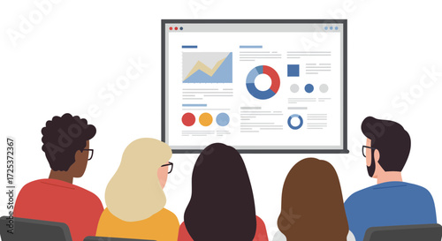 Diverse team at professional business presentation watching financial data charts, graphs and diagrams for strategic planning, modern office conference