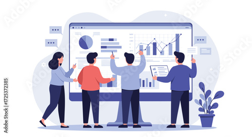 Dynamic team analyzing business data and charts for strategic planning, collaborating for success, insights, and growth in modern workplace