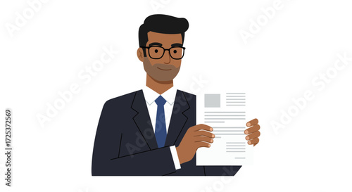 Confident businessman presenting official document, perfect for corporate communications, professional services, and HR, modern design for your brand