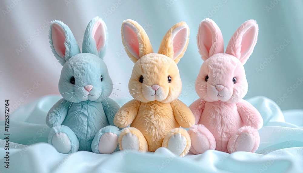 Obraz premium Pastel Easter Bunnies Trio Soft Plush Toys on Silky Fabric Background in Delicate Pink Yellow and Blue Colors