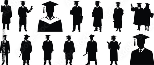 Graduation silhouette collection, students in cap and gown, academic ceremony vector, diploma celebration icons, education success, university achievement illustration set