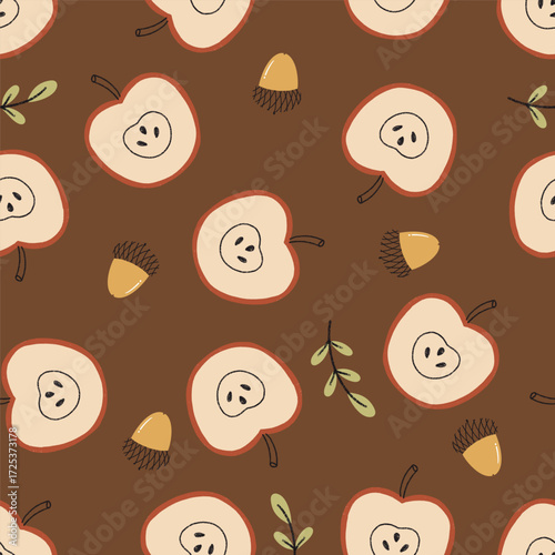 Autumn Apple Halves Vector Seamless Pattern