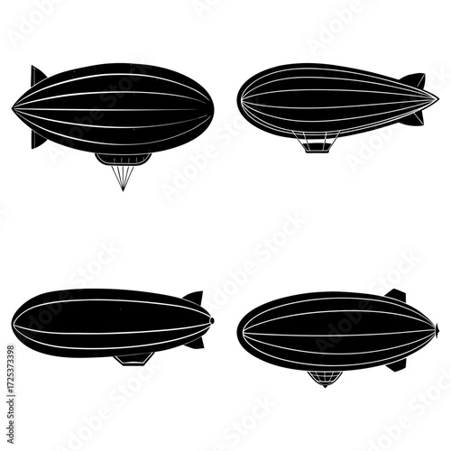 Four black and white illustrations of vintage airships with elongated balloon shapes and tail fins design