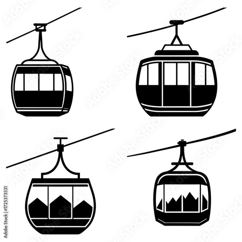 Four black and white gondola lift cabins suspended from cables in varying designs and mountain views