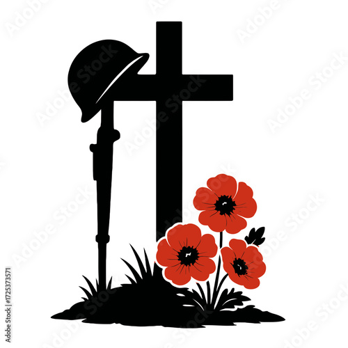 Military Grave Cross with Helmet and Poppy Flowers  vector 