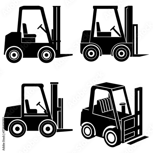 Four forklift trucks in black silhouette with different designs and orientations on a white background