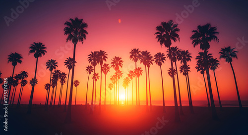 Tropical Palm Trees Silhouetted Against a Vibrant Sunset Sky
