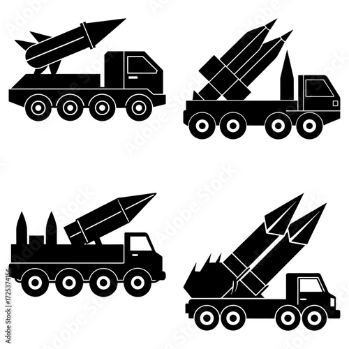 Four illustrations of military vehicles equipped with missile launchers in a black silhouette style