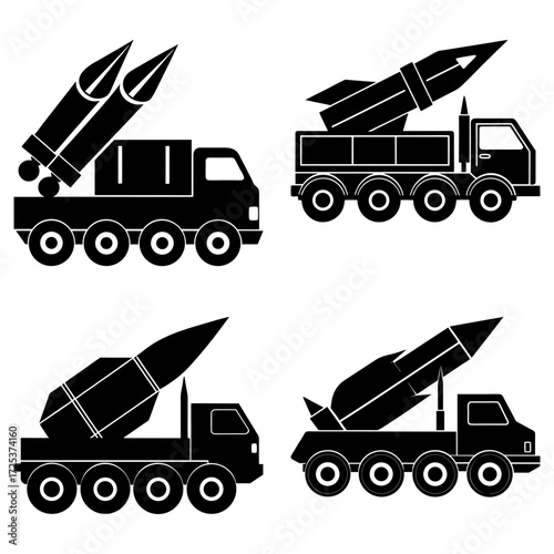 Four black silhouette illustrations of military missile launcher trucks on a white isolated background