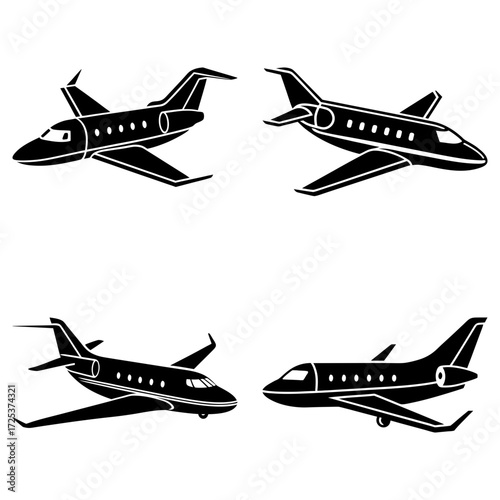 Four black silhouette jet airplanes in different flying positions on a white isolated background design art
