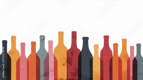 A collection of 11 realistic wine and beverage bottles arranged in a horizontal line against a white background. 