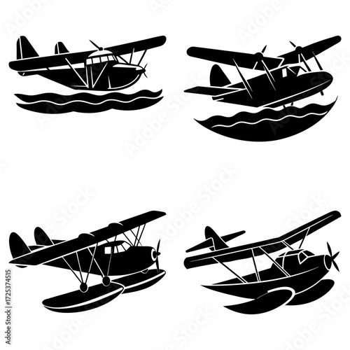 Four vintage seaplanes in black silhouette on white background with waves and propeller details showing