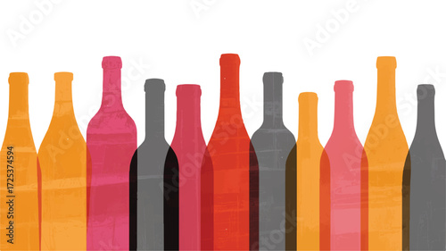 A collection of 11 realistic wine and beverage bottles arranged in a horizontal line against a white background. 