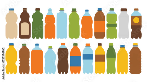 A flat, minimalist illustration of 20 plastic beverage bottles arranged in two rows against a white background. 