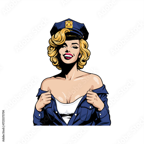 retro illustration of beauty pinup girl police woman	
