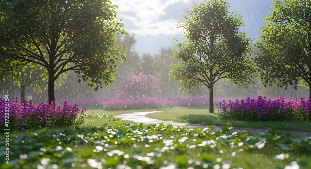 Obraz premium Vibrant Garden Scene with Lush Greenery, Purple Flowers, and Gentle Rain under Sunlight