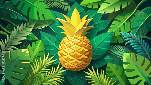 Tropical pineapple in 3D paper cut style, golden fruit with lush green leaves, exotic summer design, decorative poster vector, vibrant paradise vibes, botanical tropical card, jungle inspired 