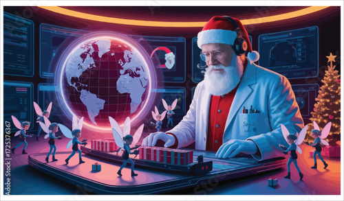 Santa Claus DJ with elves and globe