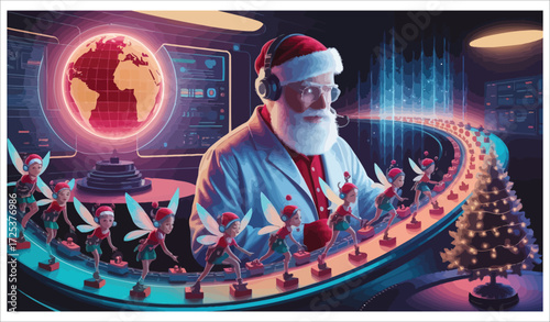 Vector art of santa in a futuristic workshop with elves