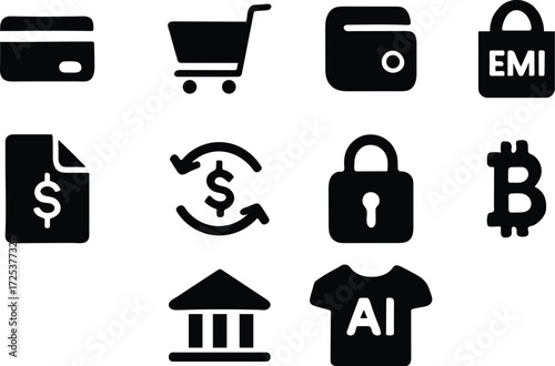 Online Shopping, Finance, and Cryptocurrency Icons  A Collection of Black Glyph Symbols