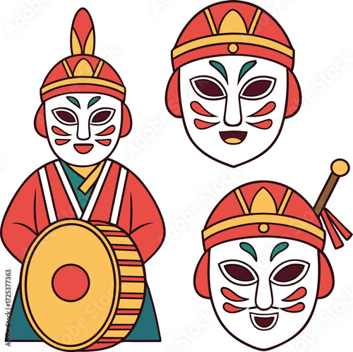 Man with drum and decorative mask designs illustration, traditional performance