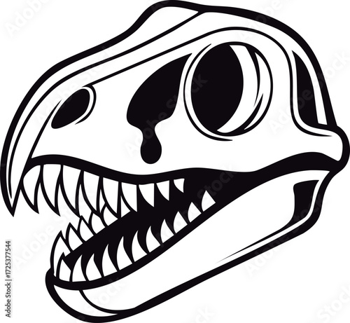 Dinosaur Skull Prehistoric Fossil Black and White Vector Illustration