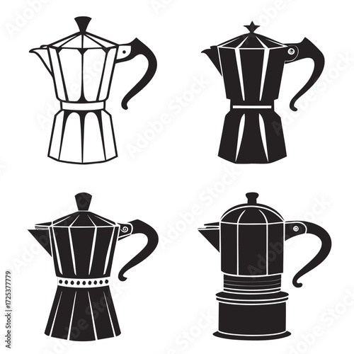 Four black and white vector illustrations of moka pots coffee maker espresso maker