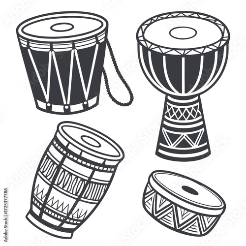 Four diverse African drums with tribal patterns in a clean vector style illustration djembe bongo