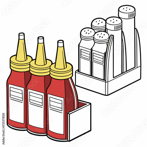 Three red squeeze bottles with yellow caps and white labels in a holder next to a salt and pepper shaker set in a holder