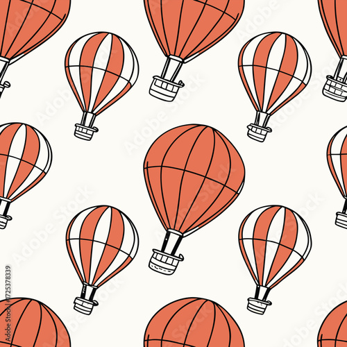 Seamless pattern of stylized orange and white striped hot air balloons with black outlines on a cream background