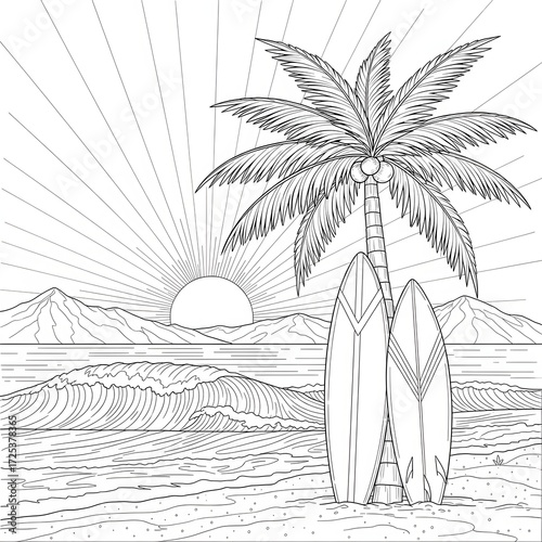 Surfing coloring page. A detailed illustration of two surfboards and a palm tree on the beach. Peaceful sunset or sunrise over the ocean with mountains. Fun activity for kids.