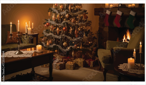 Vector art of christmas living room with tree and fireplace