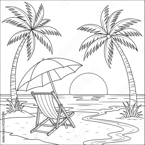 Sunset beach coloring page. A simple illustration with a single lounge chair and a parasol under palm trees. Peaceful vacation scene at sunset. Fun printable activity for adults and kids.