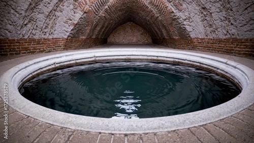 Serene Reflections in a Historical Cistern with Rippling Water, Captured in a Symmetrical Architectural Setting with Brick Arches
