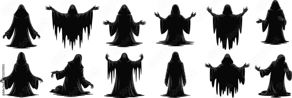 Obraz premium Hooded ghost silhouettes, dark phantom icons, cloaked figure vector set, horror shadow graphics, spooky spirit art, supernatural design pack, haunted symbols