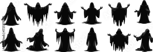 Hooded ghost silhouettes, dark phantom icons, cloaked figure vector set, horror shadow graphics, spooky spirit art, supernatural design pack, haunted symbols