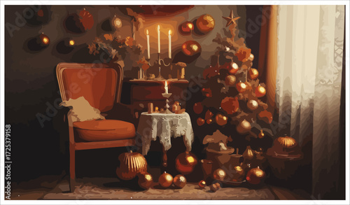 Vector art of vintage christmas scene with orange accents