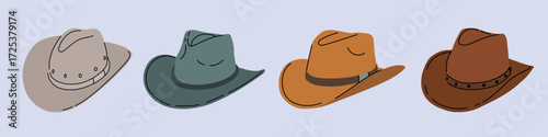Cowboy hats set. Sort of headgears. Wild west headwear. Western American head accessories. Flat modern vector illustrations collection.