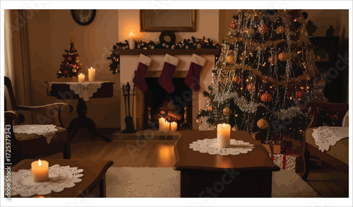 Vector art of a cozy christmas living room with fireplace